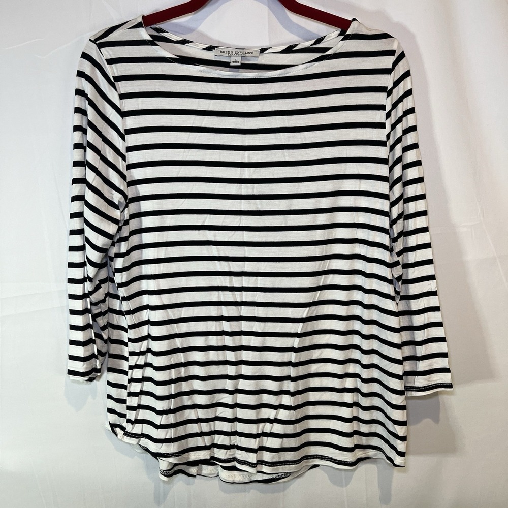 Green Envelope LA Shirt Womens‎ Large Black White Striped 3/4 Sleeve Classic